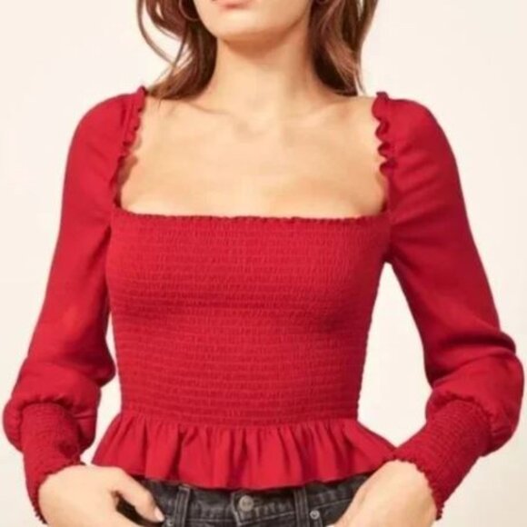 Reformation Tops - Reformation | Women's Red Francis Top Smocked Blouse - Size M
